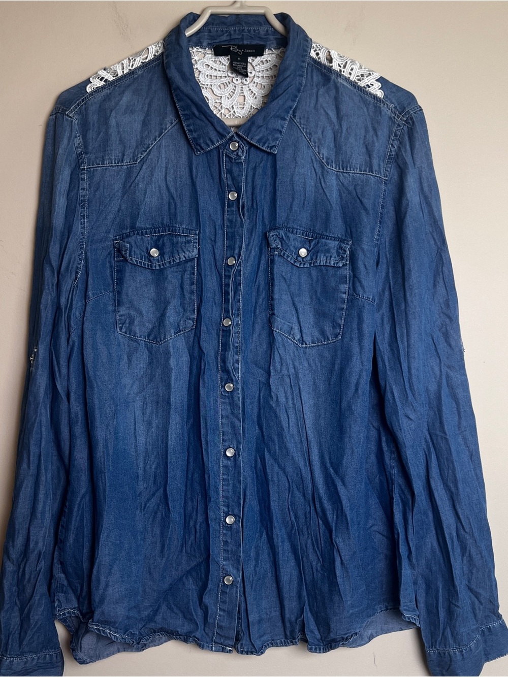 Riley + James Women's Blue Denim Shirt Jacket with Lace Detail XL